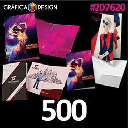 500 cópias iguais | Pasta com Orelha e Janela Laminação Fosca | id 207620 | +-31x45cm | Papel Couchê 250g PAPEL CARTÃO + BARATO | Corte Especial Tipo Orelha + Janela Recortada | Impressão FRENTE e VERSO Coloridos | 4x4 cores