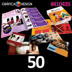 50 cópias iguais | Catálogo 8 Páginas | id 410435 | +-23x21cm | Papel Couchê 120g NORMAL | 1 (uma) Dobra + Intercalação + 2 (dois) Grampos | Impressão FRENTE e VERSO Coloridos | 4x4 cores