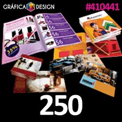 250 cópias iguais | Catálogo 8 Páginas | id 410441 | +-23x21cm | Papel Couchê 120g NORMAL | 1 (uma) Dobra + Intercalação + 2 (dois) Grampos | Impressão FRENTE e VERSO Coloridos | 4x4 cores
