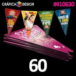 60 cópias iguais | Bandeirolas Pequenas Verniz Total Frente 15x24,5 cm | id 410630 | +-15x24cm | Papel Couchê 250g PAPEL CARTÃO + BARATO | Dois Furos de 5mm | Impressão FRENTE Colorida apenas | 4x0 cores