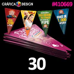 30 cópias iguais | Bandeirolas Pequenas Verniz Total Frente 15x24,5 cm | id 410669 | +-15x24cm | Papel Couchê 250g PAPEL CARTÃO + BARATO | Dois Furos de 5mm | Impressão FRENTE e VERSO Coloridos | 4x4 cores