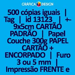 500 cópias iguais | Tag | id 13123 | 5x9cm CARTÃO PADRÃO | Papel Couchê 300g PAPEL CARTÃO + ENCORPADO | 1 (um) Furo 3 (três) ou 5 (cinco) mm | Impressão FRENTE e VERSO Coloridos | 4x4 cores