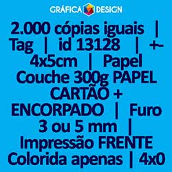 2.000 cópias iguais | Tag | id 13128 | +-4x5cm | Papel Couchê 300g PAPEL CARTÃO + ENCORPADO | 1 (um) Furo 3 (três) ou 5 (cinco) mm | Impressão FRENTE Colorida apenas | 4x0 cores