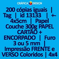 200 cópias iguais | Tag | id 13133 | +-4x5cm | Papel Couchê 300g PAPEL CARTÃO + ENCORPADO | 1 (um) Furo 3 (três) ou 5 (cinco) mm | Impressão FRENTE e VERSO Coloridos | 4x4 cores