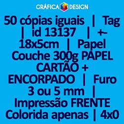 50 cópias iguais | Tag | id 13137 | +-18x5cm | Papel Couchê 300g PAPEL CARTÃO + ENCORPADO | 1 (um) Furo 3 (três) ou 5 (cinco) mm | Impressão FRENTE Colorida apenas | 4x0 cores