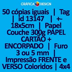 50 cópias iguais | Tag | id 13147 | +-18x5cm | Papel Couchê 300g PAPEL CARTÃO + ENCORPADO | 1 (um) Furo 3 (três) ou 5 (cinco) mm | Impressão FRENTE e VERSO Coloridos | 4x4 cores