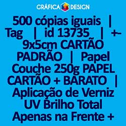 500 cópias iguais | Tag  | id 13735 | 5x9cm CARTÃO PADRÃO | Papel Couchê 250g PAPEL CARTÃO + BARATO | Aplicação de Verniz UV Brilho Total Apenas na Frente + 1 (um) Furo 3 (três) ou 5 (cinco) mm | Impressão FRENTE e VERSO Coloridos | 4x4 cores