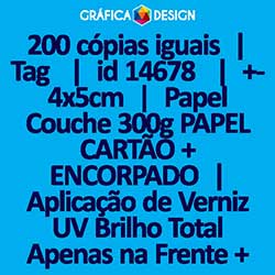 200 cópias iguais | Tag  | id 14678 | +-4x5cm | Papel Couchê 300g PAPEL CARTÃO + ENCORPADO | Aplicação de Verniz UV Brilho Total Apenas na Frente + 1 (um) Furo 3 (três) ou 5 (cinco) mm | Impressão FRENTE Colorida apenas | 4x0 cores