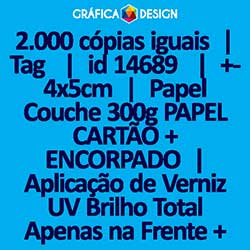 2.000 cópias iguais | Tag  | id 14689 | +-4x5cm | Papel Couchê 300g PAPEL CARTÃO + ENCORPADO | Aplicação de Verniz UV Brilho Total Apenas na Frente + 1 (um) Furo 3 (três) ou 5 (cinco) mm | Impressão FRENTE e VERSO Coloridos | 4x4 cores