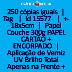 250 cópias iguais | Tag  | id 15577 | +-18x5cm | Papel Couchê 300g PAPEL CARTÃO + ENCORPADO | Aplicação de Verniz UV Brilho Total Apenas na Frente + 1 (um) Furo 3 (três) ou 5 (cinco) mm | Impressão FRENTE e VERSO Coloridos | 4x4 cores