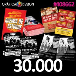 30.000 cópias iguais | Folheto | id 408662 | +-20x21cm | Papel Couchê 90g PROMOCIONAL | Impressão FRENTE e VERSO Coloridos | 4x4 cores