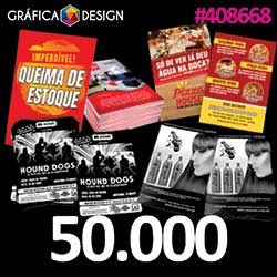 50.000 cópias iguais | Folheto | id 408668 | +-20x21cm | Papel Couchê 90g PROMOCIONAL | Impressão FRENTE e VERSO Coloridos | 4x4 cores