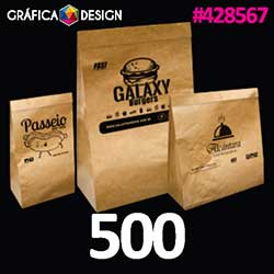 500 cópias iguais | Saco para Delivery Personalizado Pequeno até 5kg Papel Kraft 18x31,1x10,5cm | id 428567 | +-18x31x10cm | Papel Kraft 90g MARROM | Impressão FRENTE Preto&Branco | 1x0 cor