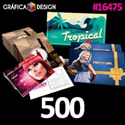 500 cópias iguais | Postal Laminação Fosca e Verniz Localizado | id 16475 | 18x10cm A6 EXTRA | DL Reduzido | Papel Couchê 300g PAPEL CARTÃO + ENCORPADO | Impressão FRENTE e VERSO Coloridos | 4x4 cores