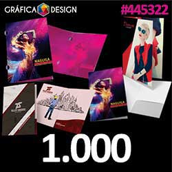 1.000 cópias iguais | Pasta com Orelha 31x45cm | id 445322 | +-31x45cm | Papel Couchê 150g Padrão MELHOR | Corte Especial Tipo Orelha | Impressão FRENTE Colorida apenas | 4x0 cores