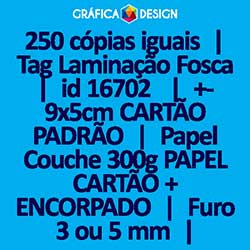 250 cópias iguais | Tag Laminação Fosca | id 16702 | 5x9cm CARTÃO PADRÃO | Papel Couchê 300g PAPEL CARTÃO + ENCORPADO | 1 (um) Furo 3 (três) ou 5 (cinco) mm | Impressão FRENTE e VERSO Coloridos | 4x4 cores