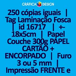 250 cópias iguais | Tag Laminação Fosca | id 16717 | +-18x5cm | Papel Couchê 300g PAPEL CARTÃO + ENCORPADO | 1 (um) Furo 3 (três) ou 5 (cinco) mm | Impressão FRENTE e VERSO Coloridos | 4x4 cores