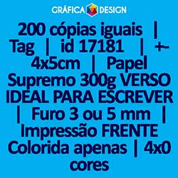200 cópias iguais | Tag | id 17181 | +-4x5cm | Papel Supremo 300g VERSO IDEAL PARA ESCREVER | 1 (um) Furo 3 (três) ou 5 (cinco) mm | Impressão FRENTE Colorida apenas | 4x0 cores