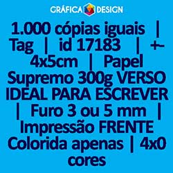 1.000 cópias iguais | Tag | id 17183 | +-4x5cm | Papel Supremo 300g VERSO IDEAL PARA ESCREVER | 1 (um) Furo 3 (três) ou 5 (cinco) mm | Impressão FRENTE Colorida apenas | 4x0 cores