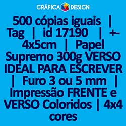 500 cópias iguais | Tag | id 17190 | +-4x5cm | Papel Supremo 300g VERSO IDEAL PARA ESCREVER | 1 (um) Furo 3 (três) ou 5 (cinco) mm | Impressão FRENTE e VERSO Coloridos | 4x4 cores
