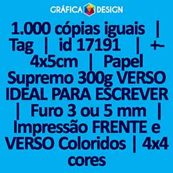 1.000 cópias iguais | Tag | id 17191 | +-4x5cm | Papel Supremo 300g VERSO IDEAL PARA ESCREVER | 1 (um) Furo 3 (três) ou 5 (cinco) mm | Impressão FRENTE e VERSO Coloridos | 4x4 cores