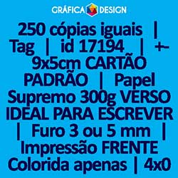 250 cópias iguais | Tag | id 17194 | 5x9cm CARTÃO PADRÃO | Papel Supremo 300g VERSO IDEAL PARA ESCREVER | 1 (um) Furo 3 (três) ou 5 (cinco) mm | Impressão FRENTE Colorida apenas | 4x0 cores