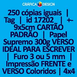250 cópias iguais | Tag | id 17202 | 5x9cm CARTÃO PADRÃO | Papel Supremo 300g VERSO IDEAL PARA ESCREVER | 1 (um) Furo 3 (três) ou 5 (cinco) mm | Impressão FRENTE e VERSO Coloridos | 4x4 cores