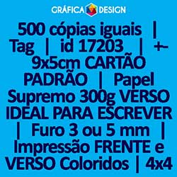 500 cópias iguais | Tag | id 17203 | 5x9cm CARTÃO PADRÃO | Papel Supremo 300g VERSO IDEAL PARA ESCREVER | 1 (um) Furo 3 (três) ou 5 (cinco) mm | Impressão FRENTE e VERSO Coloridos | 4x4 cores