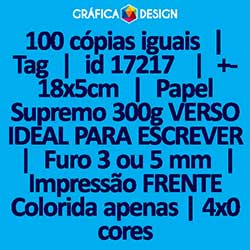 100 cópias iguais | Tag | id 17217 | +-18x5cm | Papel Supremo 300g VERSO IDEAL PARA ESCREVER | 1 (um) Furo 3 (três) ou 5 (cinco) mm | Impressão FRENTE Colorida apenas | 4x0 cores