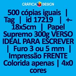500 cópias iguais | Tag | id 17219 | +-18x5cm | Papel Supremo 300g VERSO IDEAL PARA ESCREVER | 1 (um) Furo 3 (três) ou 5 (cinco) mm | Impressão FRENTE Colorida apenas | 4x0 cores
