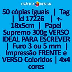 50 cópias iguais | Tag | id 17226 | +-18x5cm | Papel Supremo 300g VERSO IDEAL PARA ESCREVER | 1 (um) Furo 3 (três) ou 5 (cinco) mm | Impressão FRENTE e VERSO Coloridos | 4x4 cores