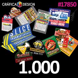 1.000 cópias iguais | Ímã de Geladeira em PVC | id 17850 | +-4x5cm | Plástico PVC 0,3mm Fino TIPO BARALHO | Corte Especial + Manta Magnética em Tiras | Impressão FRENTE Colorida apenas | 4x0 cores