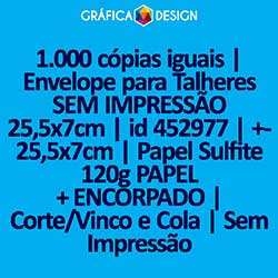 1.000 cópias iguais | Envelope para Talheres SEM IMPRESSÃO 25,5x7cm | id 452977 | +-25,5x7cm | Papel Sulfite 120g PAPEL + ENCORPADO | Corte/Vinco e Cola | Sem Impressão