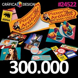 300.000 cópias iguais | Adesivo de Papel 5x5cm | id 24522 | +-5x5cm | Papel Colante Couchê 90g | Meio Corte + Corte Especial | Destaque & Aplique | Impressão FRENTE Colorida apenas | 4x0 cores