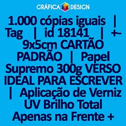 1.000 cópias iguais | Tag  | id 18141 | 5x9cm CARTÃO PADRÃO | Papel Supremo 300g VERSO IDEAL PARA ESCREVER | Aplicação de Verniz UV Brilho Total Apenas na Frente + 1 (um) Furo 3 (três) ou 5 (cinco) mm | Impressão FRENTE Colorida apenas | 4x0 cores
