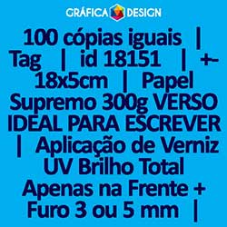 100 cópias iguais | Tag  | id 18151 | +-18x5cm | Papel Supremo 300g VERSO IDEAL PARA ESCREVER | Aplicação de Verniz UV Brilho Total Apenas na Frente + 1 (um) Furo 3 (três) ou 5 (cinco) mm | Impressão FRENTE Colorida apenas | 4x0 cores