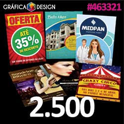 2.500 cópias iguais | Cartaz/Pôster/Folder/Papel Bandeja/Tapete para Carro Verniz Total Frente e Verso 44x62cm | id 463321 | 44x62cm A2 SUPER | 4x Sulfite | Papel Couchê 90g PROMOCIONAL | Impressão FRENTE e VERSO Coloridos | 4x4 cores