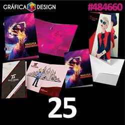 25 cópias iguais | Pasta com Orelha A5 Couchê 300g Laminação Fosca 31x22cm | id 484660 | +-31x22cm | Papel Couchê 300g PAPEL CARTÃO + ENCORPADO | Corte Especial Tipo Orelha | Impressão FRENTE e VERSO Coloridos | 4x4 cores
