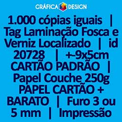 1.000 cópias iguais | Tag Laminação Fosca e Verniz Localizado | id 20728 | 5x9cm CARTÃO PADRÃO | Papel Couchê 250g PAPEL CARTÃO + BARATO | 1 (um) Furo 3 (três) ou 5 (cinco) mm | Impressão FRENTE Colorida apenas | 4x0 cores