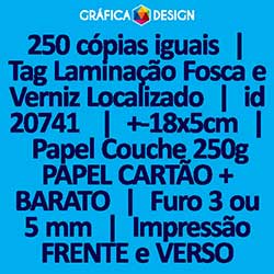 250 cópias iguais | Tag Laminação Fosca e Verniz Localizado | id 20741 | +-18x5cm | Papel Couchê 250g PAPEL CARTÃO + BARATO | 1 (um) Furo 3 (três) ou 5 (cinco) mm | Impressão FRENTE e VERSO Coloridos | 4x4 cores