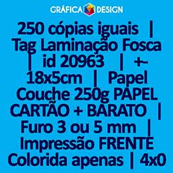 250 cópias iguais | Tag Laminação Fosca | id 20963 | +-18x5cm | Papel Couchê 250g PAPEL CARTÃO + BARATO | 1 (um) Furo 3 (três) ou 5 (cinco) mm | Impressão FRENTE Colorida apenas | 4x0 cores