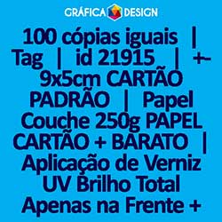 100 cópias iguais | Tag | id 21915 | 5x9cm CARTÃO PADRÃO | Papel Couchê 250g PAPEL CARTÃO + BARATO | Aplicação de Verniz UV Brilho Total Apenas na Frente + 1 (um) Furo 3 (três) ou 5 (cinco) mm | Impressão FRENTE Colorida apenas | 4x0 cores