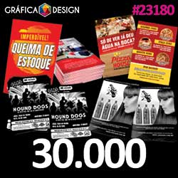 30.000 cópias iguais | Folheto Verniz Total Frente e Verso | id 23180 | 14x20cm A5 PROMO +-Metade da Sulfite | Papel Couchê 80g PAPEL + BARATO | Acabamento Padrão | Impressão FRENTE Colorida apenas | 4x0 cores