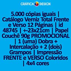 5.000 cópias iguais | Catálogo Verniz Total Frente e Verso 12 Páginas | id 48745 | +-23x21cm | Papel Couchê 90g PROMOCIONAL | 1 (uma) Dobra + Intercalação + 2 (dois) Grampos | Impressão FRENTE e VERSO Coloridos | 4x4 cores