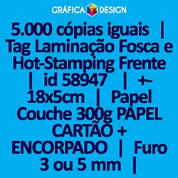5.000 cópias iguais | Tag Laminação Fosca e Hot-Stamping Frente | id 58947 | +-18x5cm | Papel Couchê 300g PAPEL CARTÃO + ENCORPADO | 1 (um) Furo 3 (três) ou 5 (cinco) mm | Impressão FRENTE e VERSO Coloridos | 4x4 cores