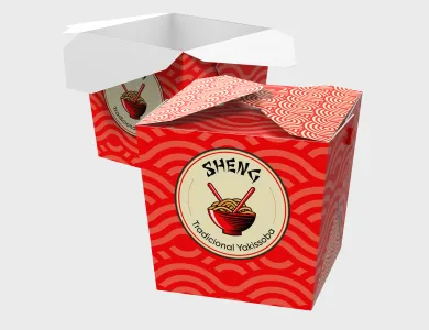 Embalagem Box com Ilhós Papel Alimentício 270g com Película Antigordura 9x9x10cm | Impressão Só Frente | 4x0 cores