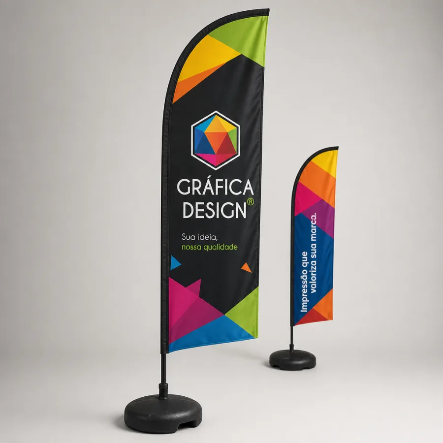 Wind Banner Mini com Base de Plástico Tecido Oxford 50x170cm | Impressão Frente e Verso | 4x4 cores