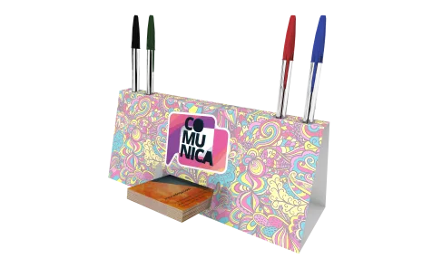 Calendário de Mesa 2027 com Porta Cartões e Canetas Supremo 300g Verniz Total Frente 18x25cm - 4x0